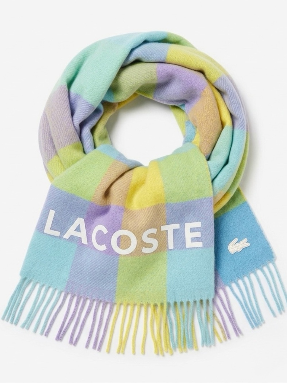 Lacoste L!VE Pastel Checkered Wool Fringe Scarf Logo Blue Violet Yellow Unisex